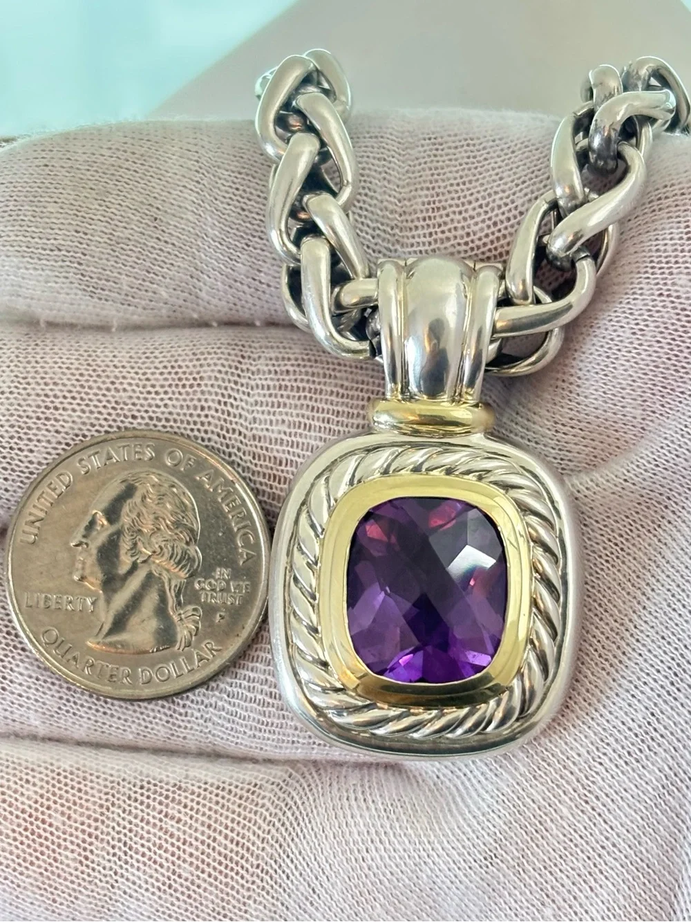 David Yurman 925 & 14k Gold XXL Albion Pendant Necklace with Amethyst 16